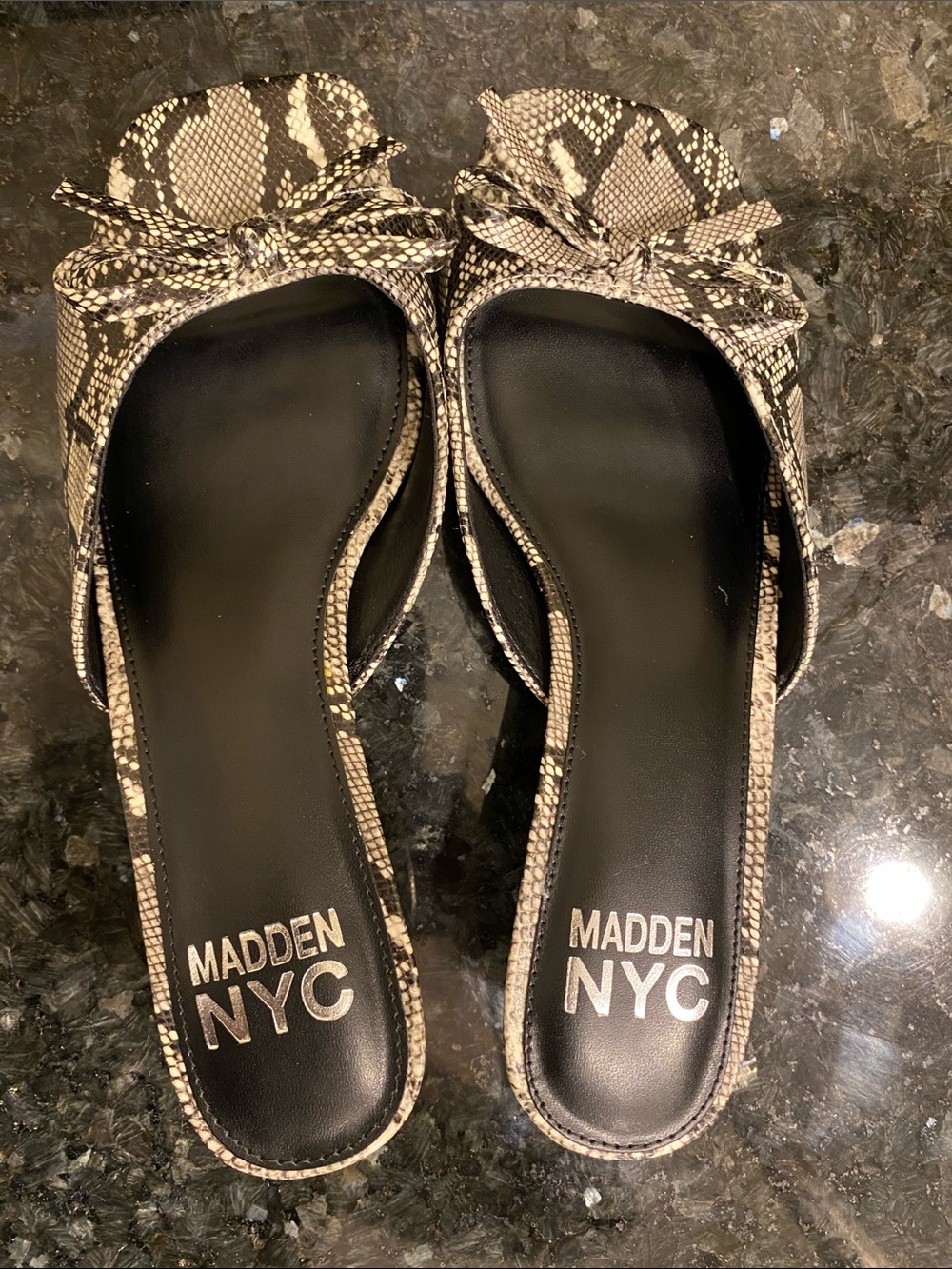 Madden NYC Women's Snake-Print Bow Slide Sandals in Black/and Cream